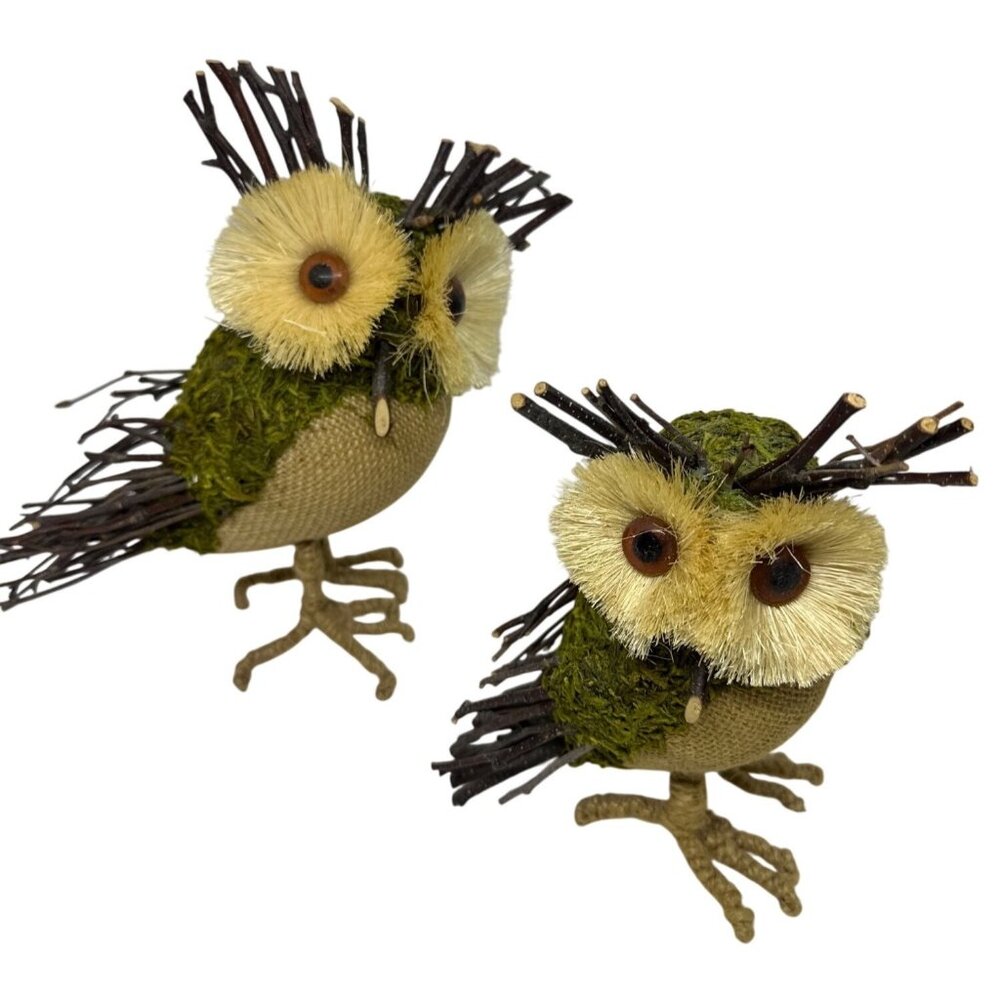 VTG Set of 2 Straw Owl Christmas Tree‎ Ornaments Woodland Bird Burlap Moss Decor